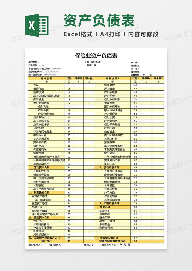 实用保险业资产负债表Excel模板
