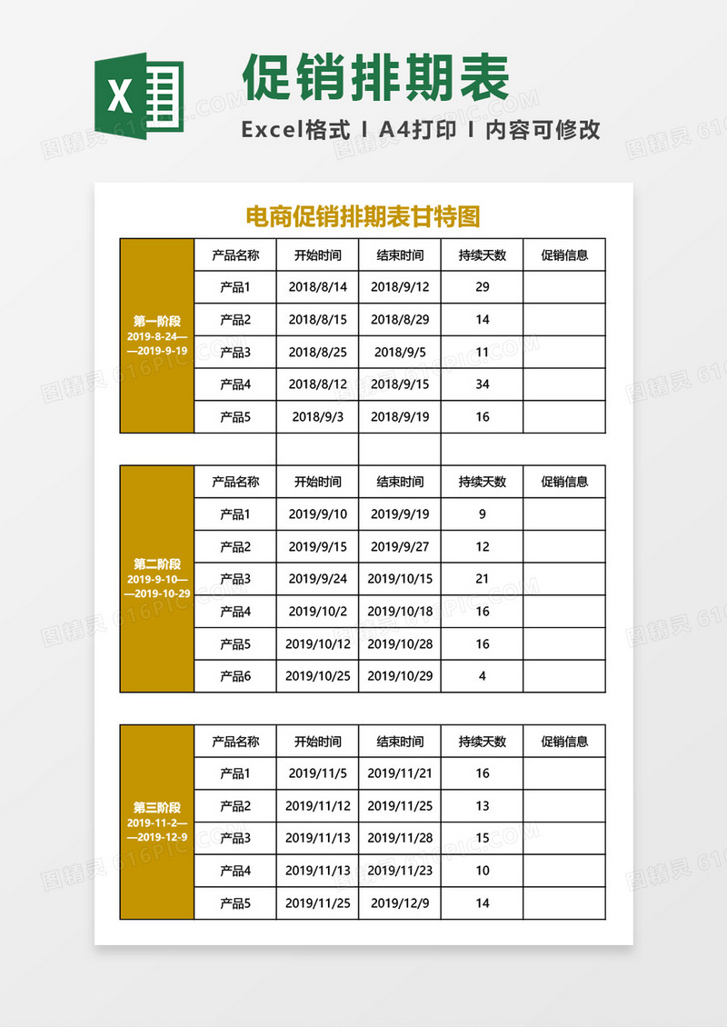 电商促销排期表甘特图Excel模板