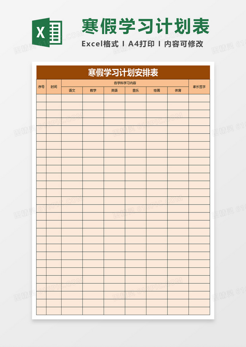 寒假学习计划安排表excel表格