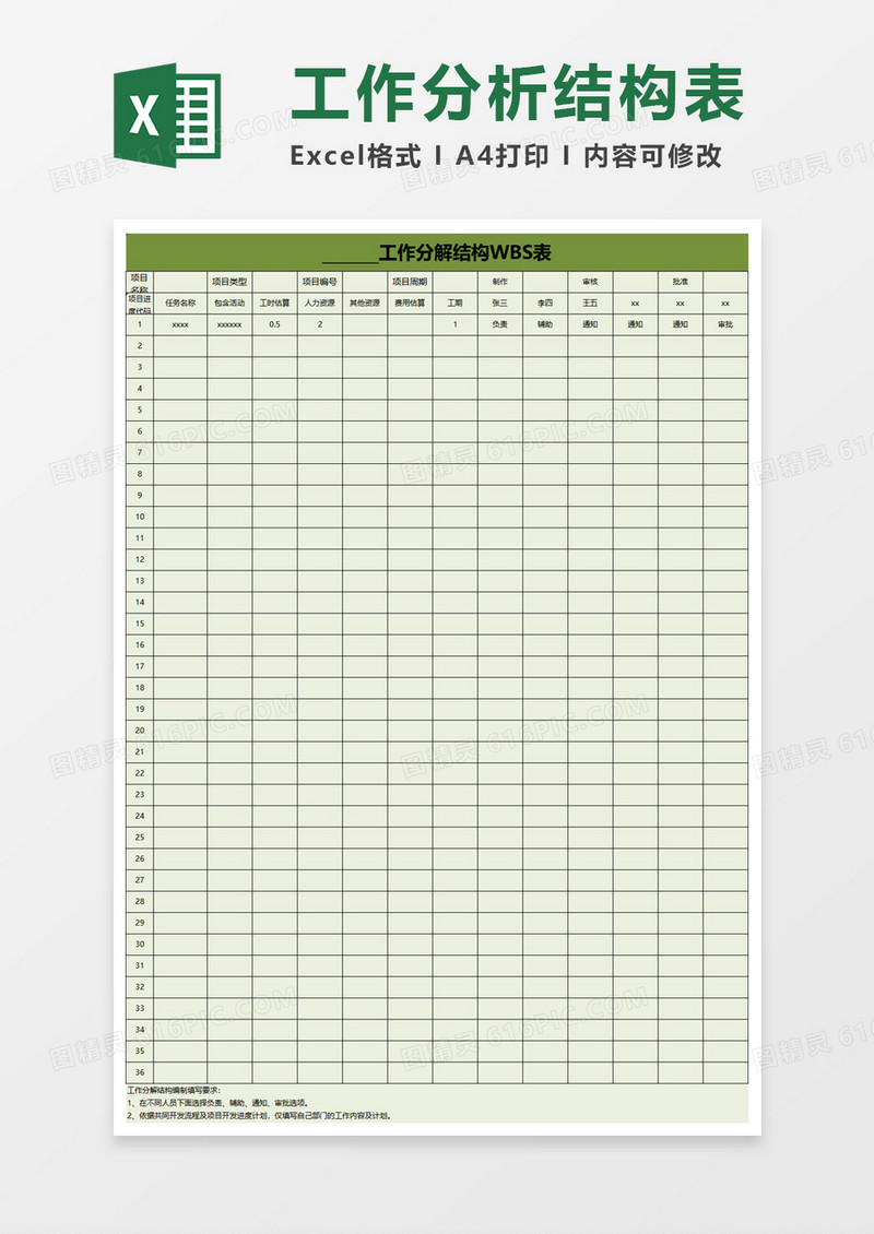工作分解结构WBS表excel模板