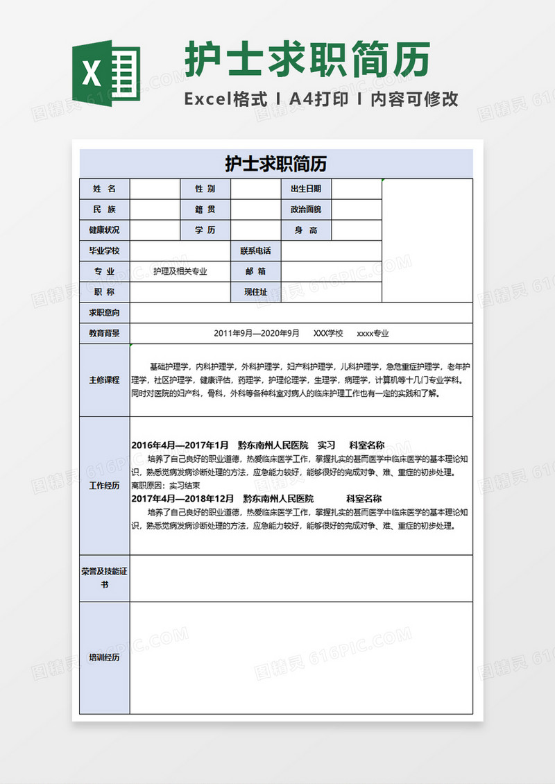 护士求职简历excel模板