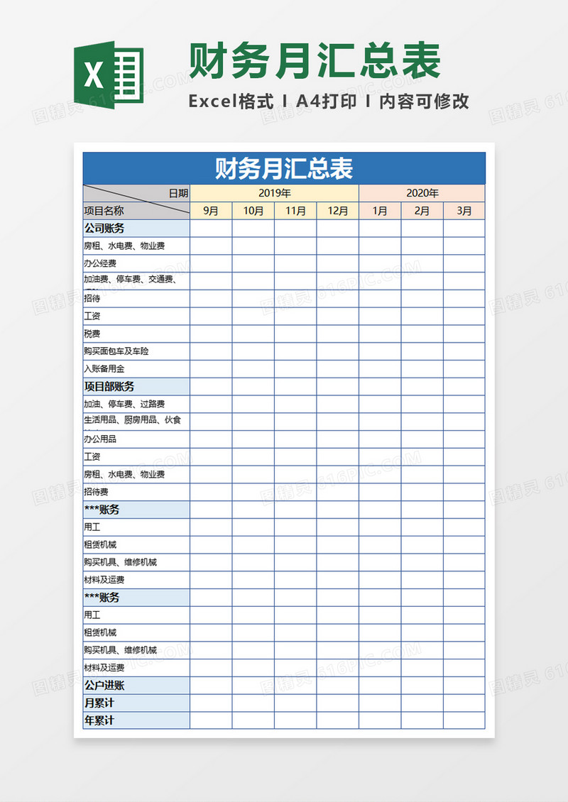 财务月汇总表excel模板
