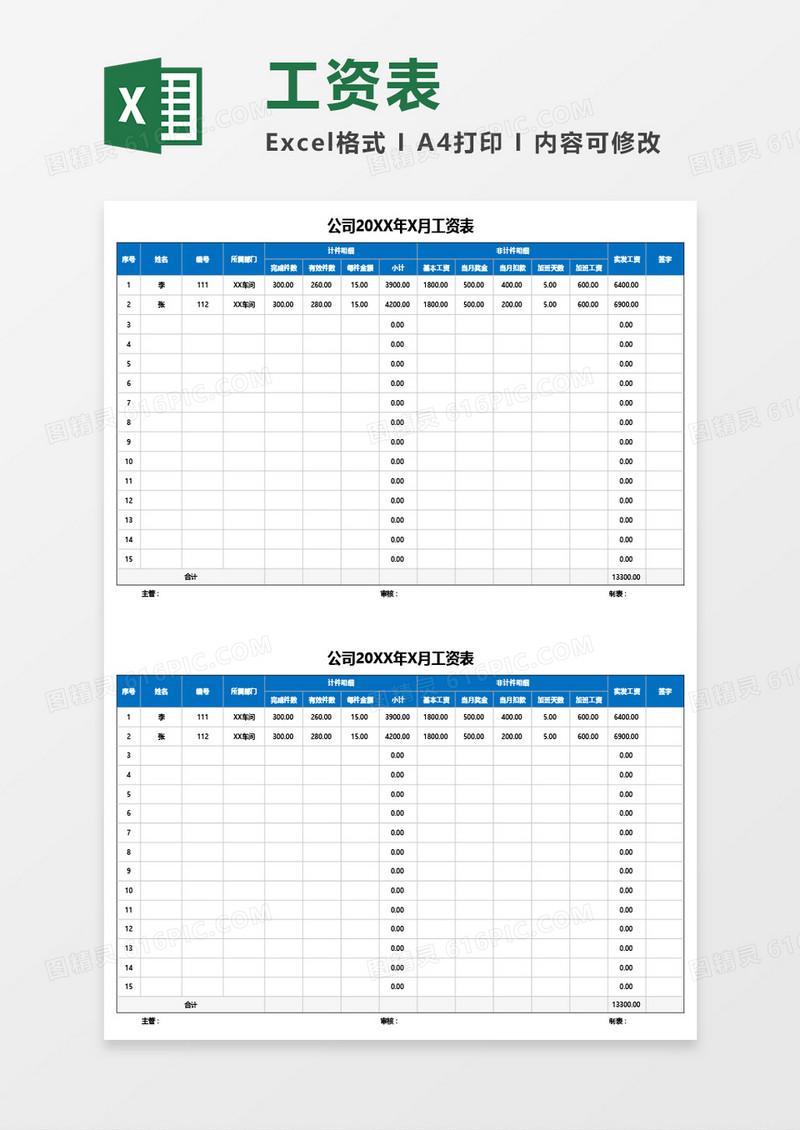 实用公司月工资表Excel模板