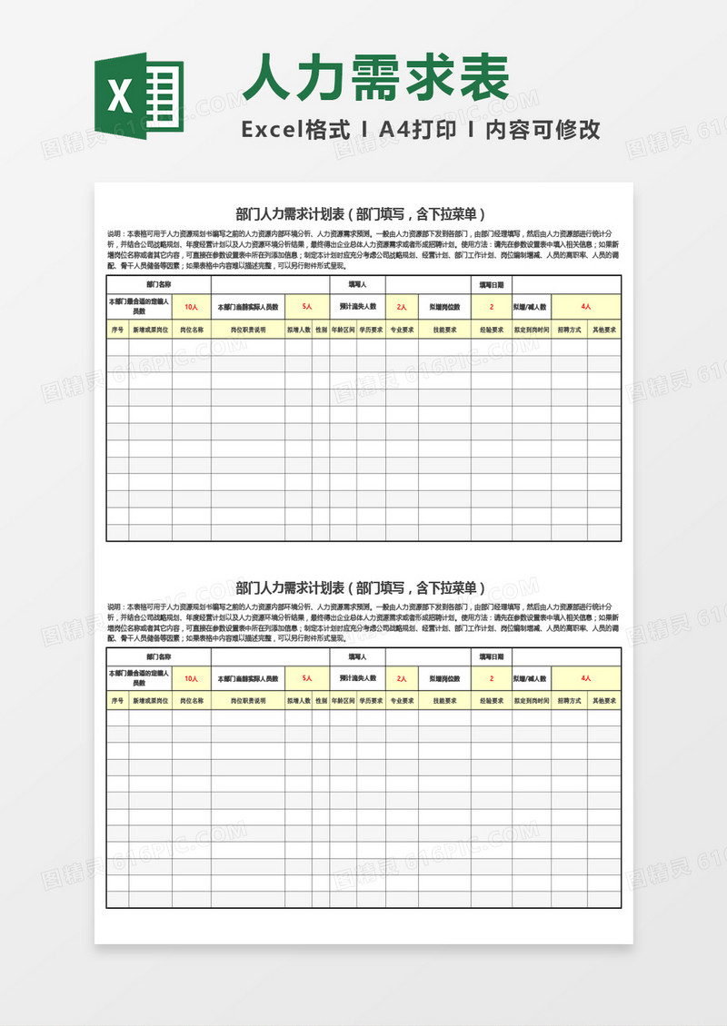 公司人力需求计划表通用Excel模板