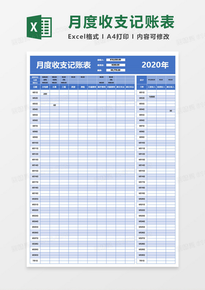 蓝色月度收支记账表excel模板