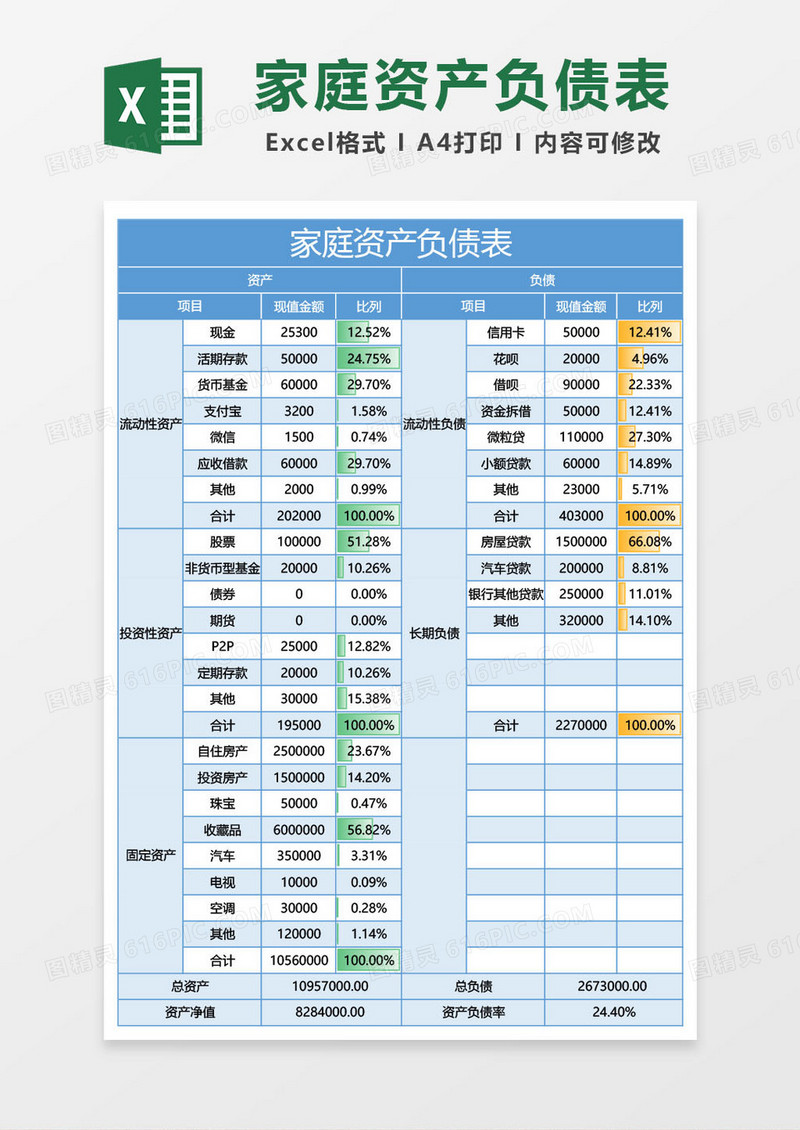 蓝色家庭资产负债表excel模板
