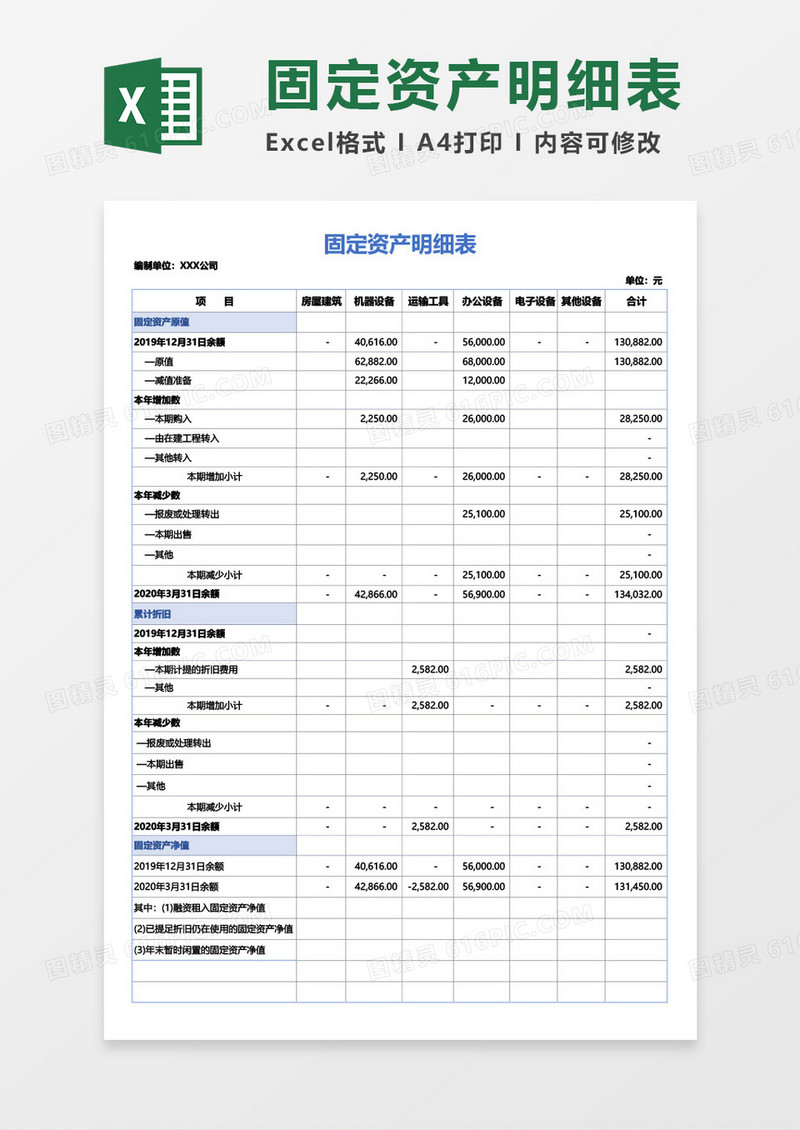 固定资产明细表excel模板