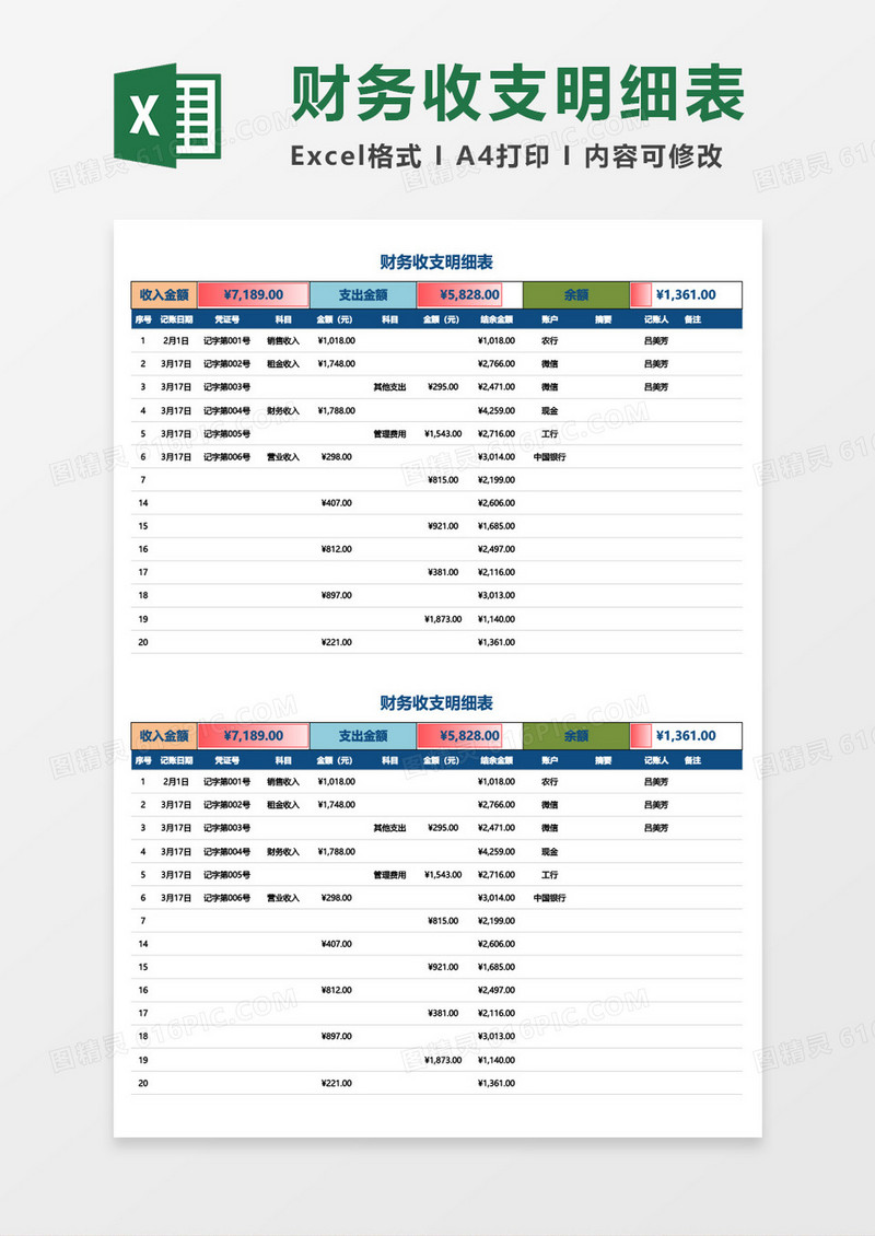 财务收支明细表excel模板