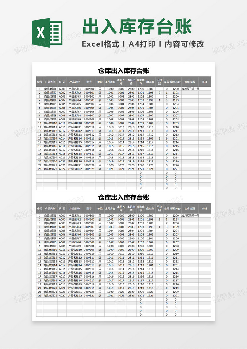 灰色简约仓库出入库存台账excel模板