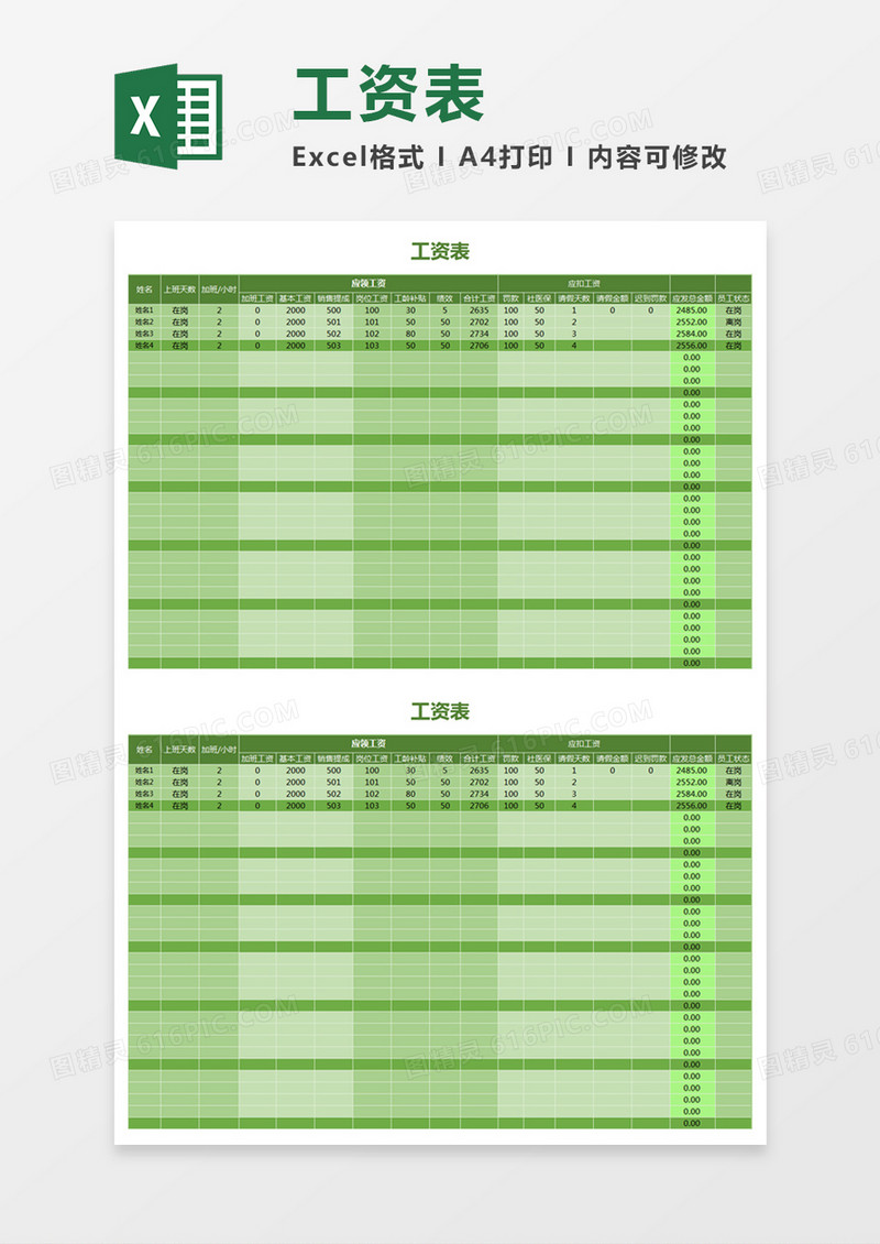 绿色简洁员工工资表excel模板