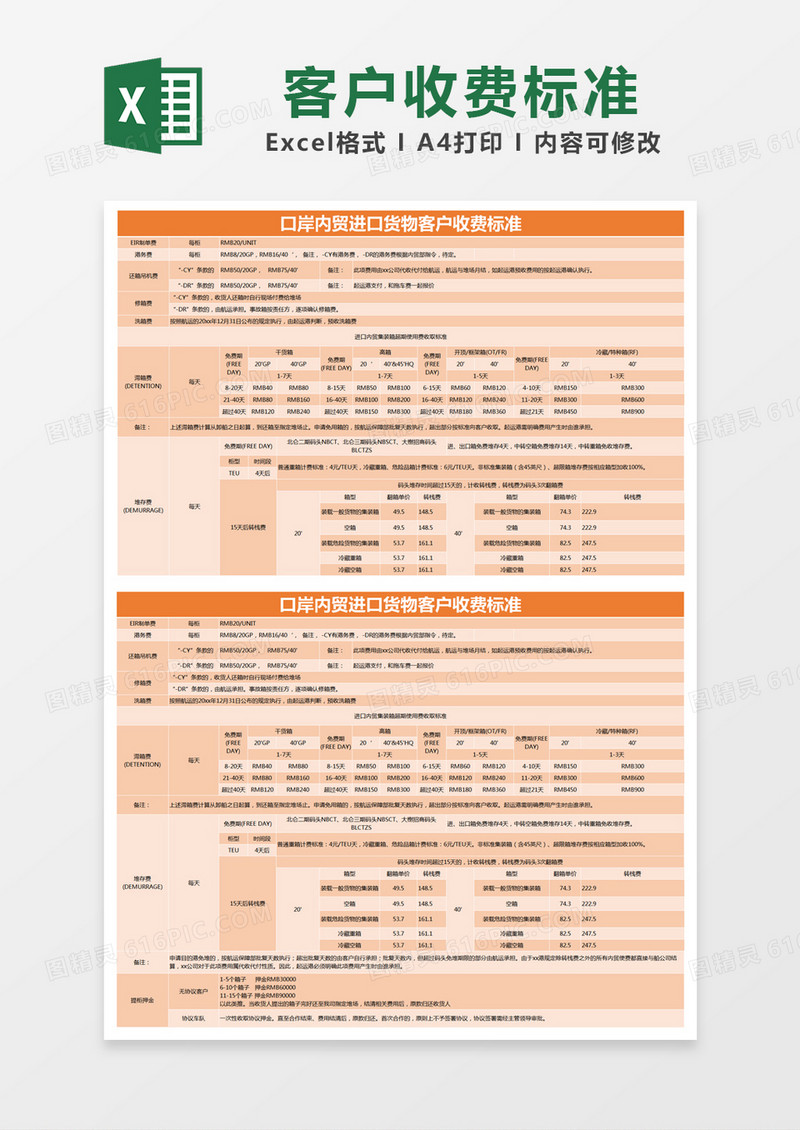 橙色简约口岸内贸进口货物客户收费标准登记表excel模版