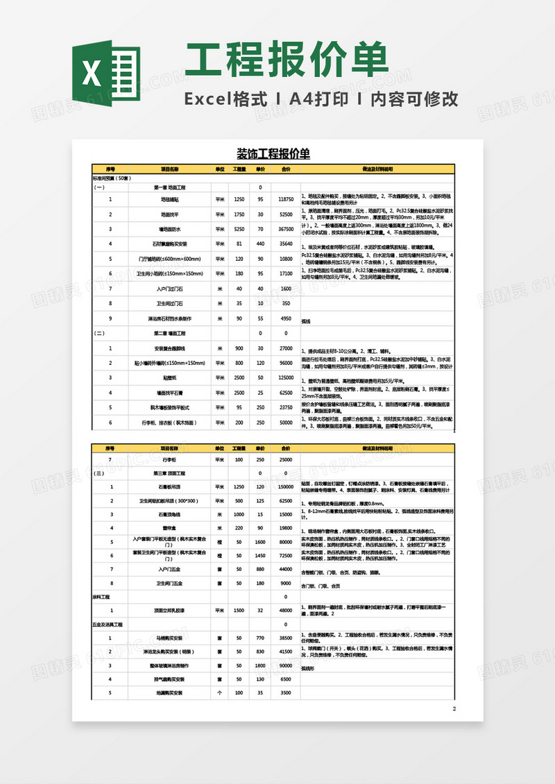 最新装饰工程报价单Excel模板