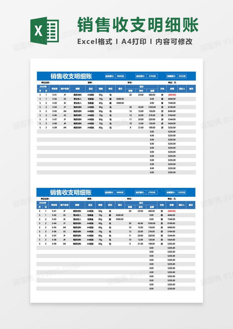 销售收支明细表excel模板