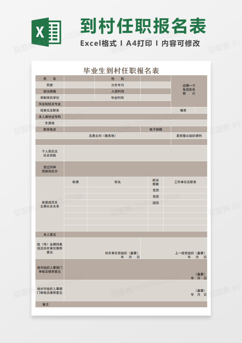 毕业生到村任职报名表ExcelExecl模板