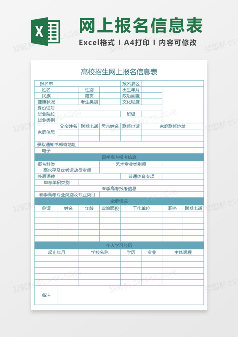 高校招生网上报名信息表Execl模板