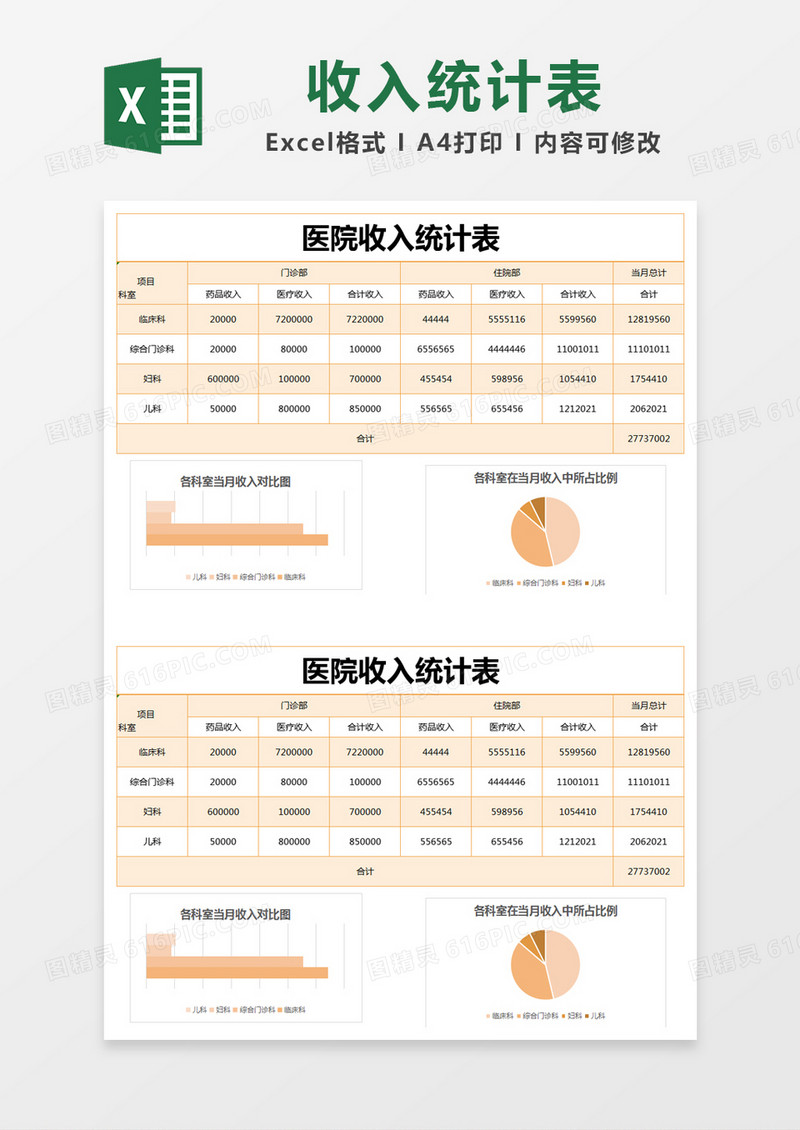 橙色简约医院收入统计表excel模版