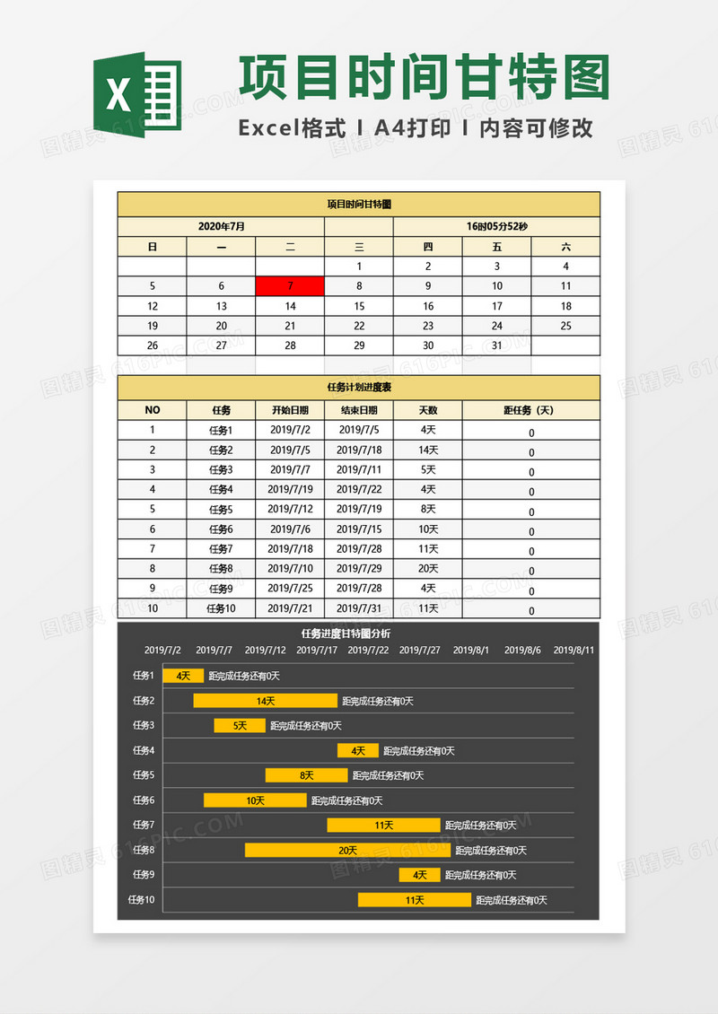 最新任务进度计划表甘特图Excel模板