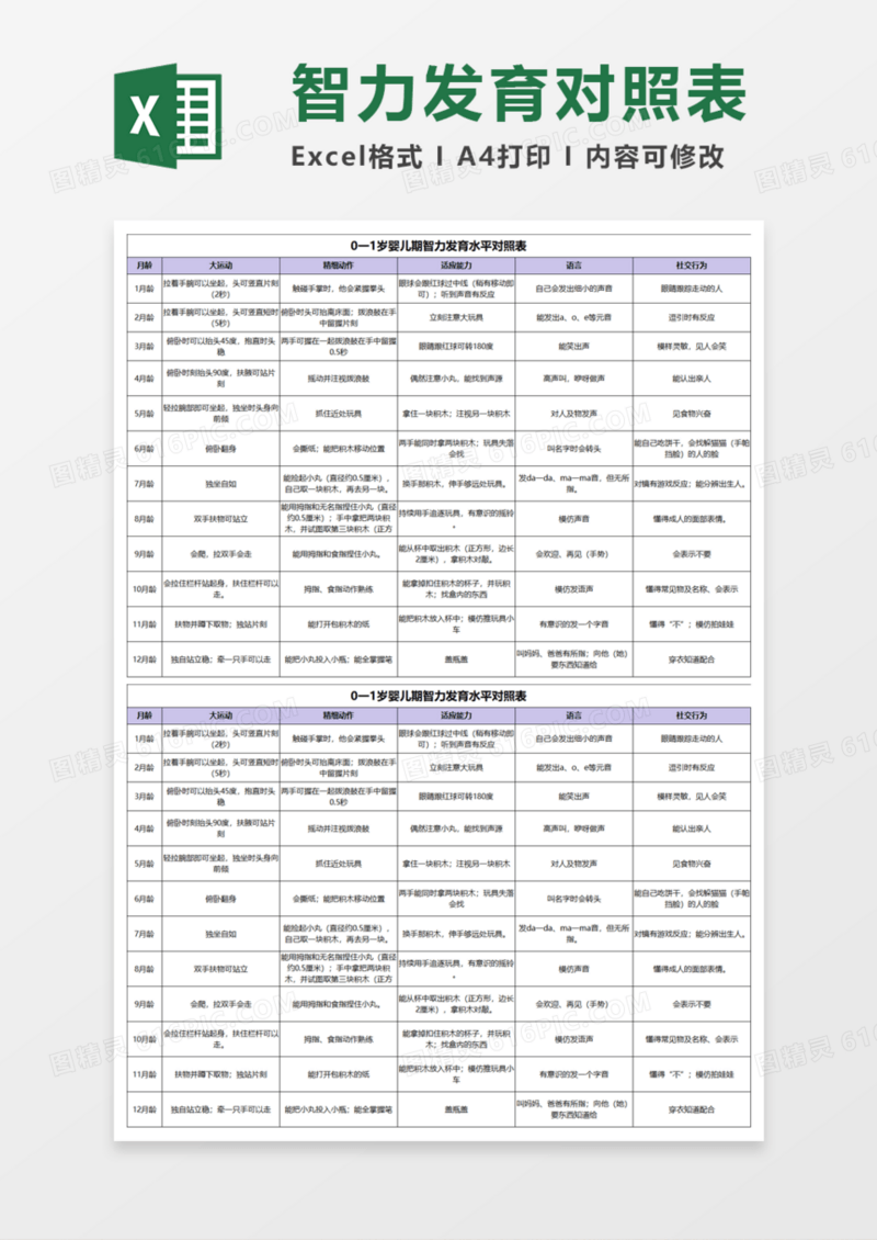 婴儿期智力发育水平对照表Execl模板