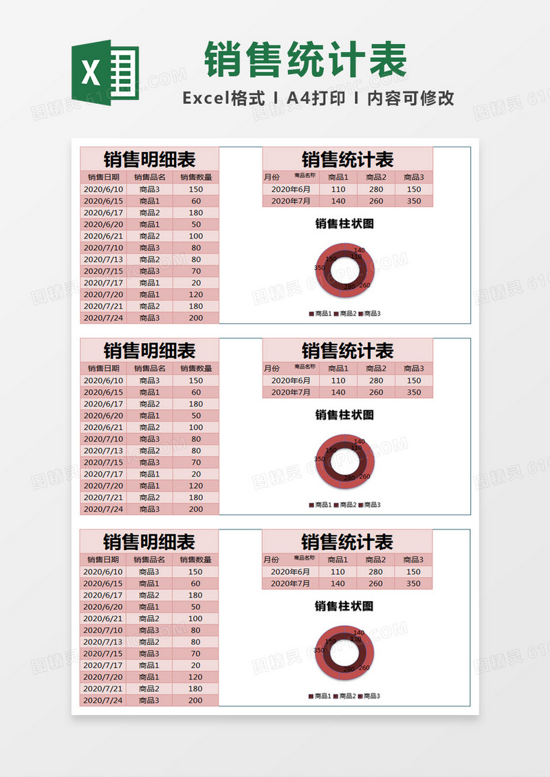 红色简约销售明细统计表excel模版