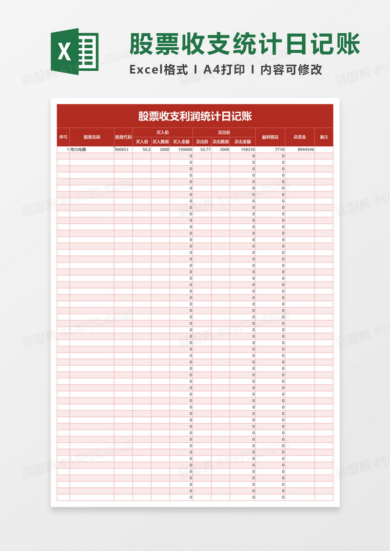简洁股票收支利润统计日记账excel模板