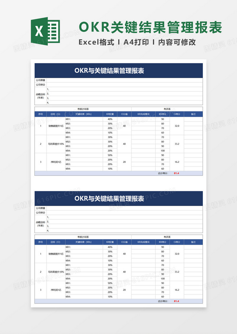 OKR与关键结果管理报表EXCEL模板