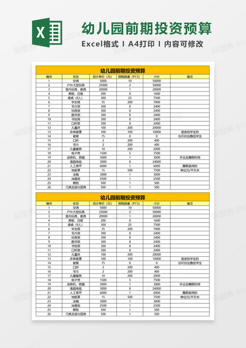 幼儿园前期投资预算excel模板