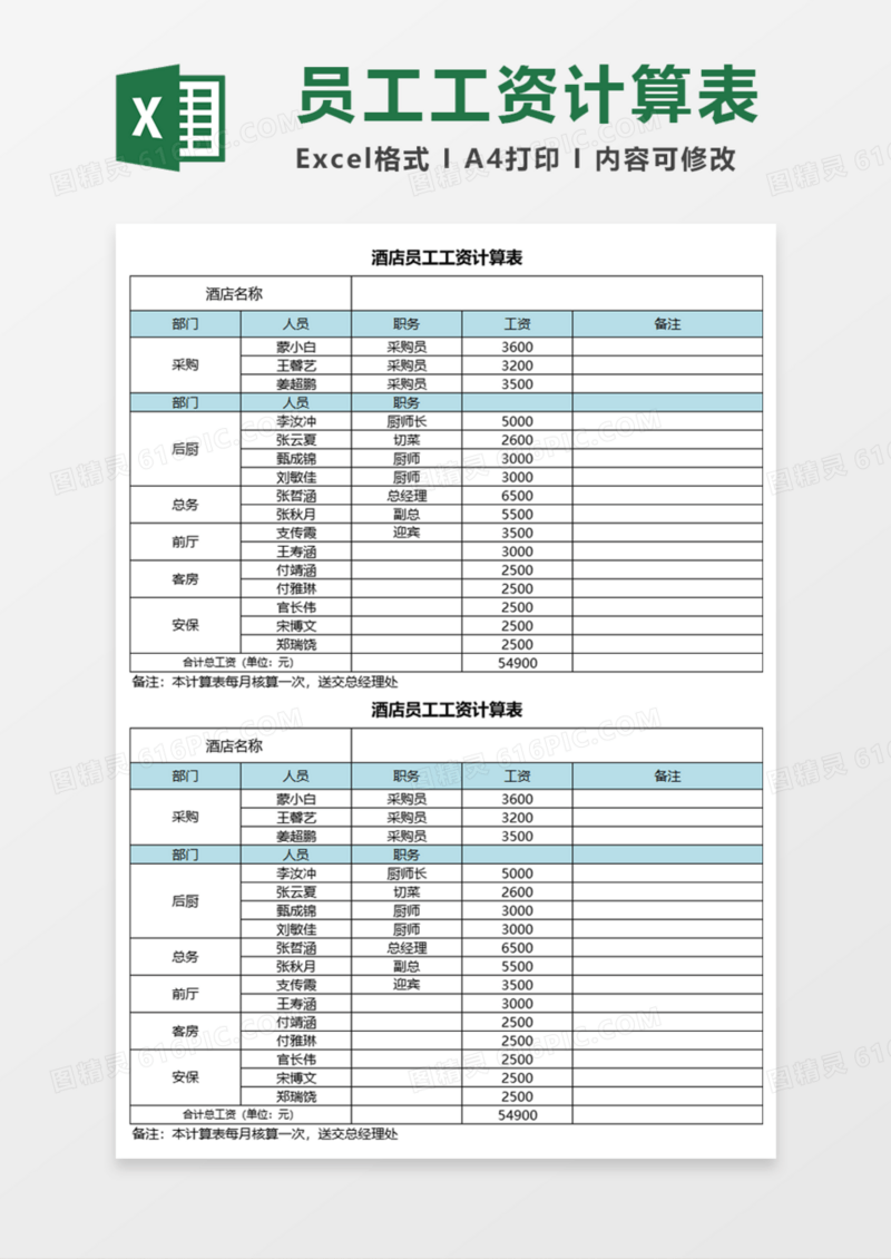 酒店员工工资计算表Execl模板