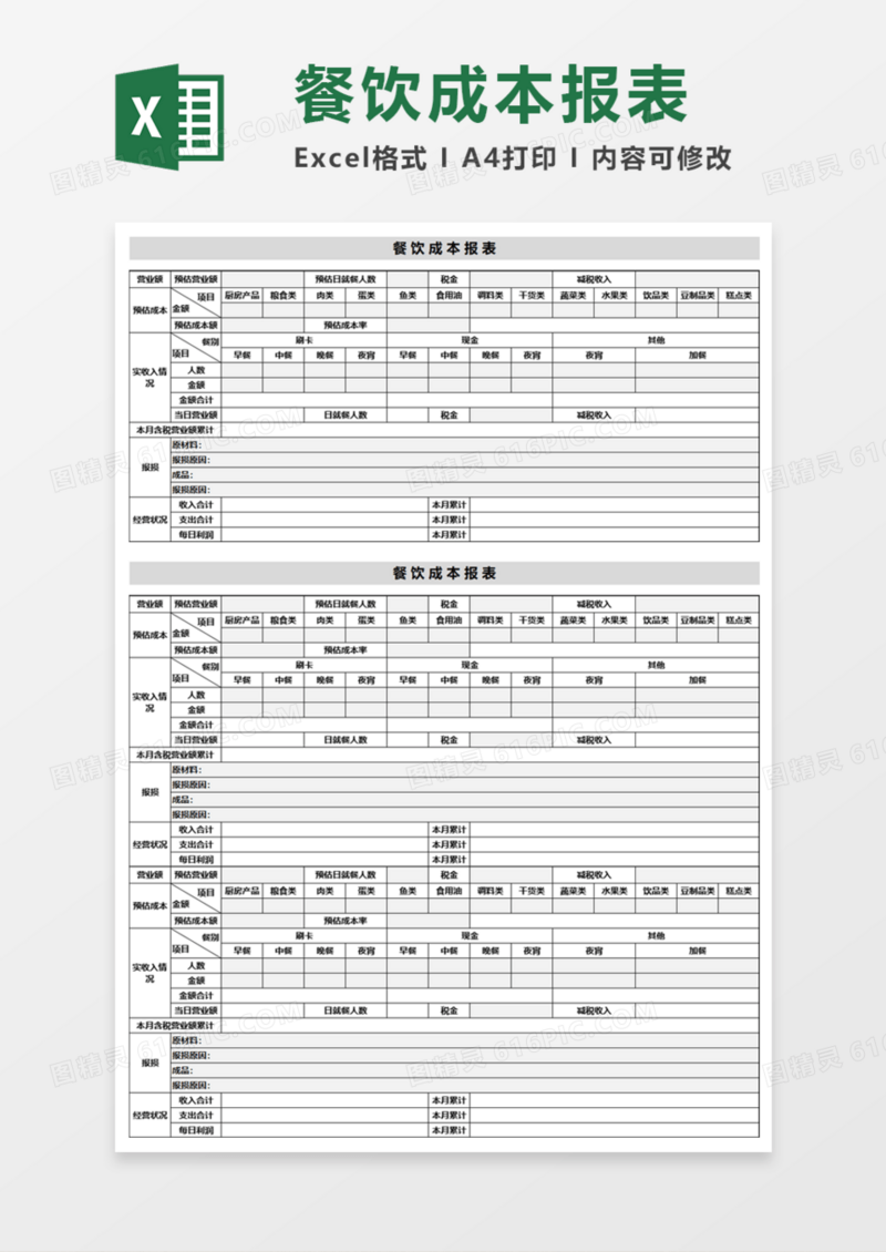 餐饮成本报表execl模板