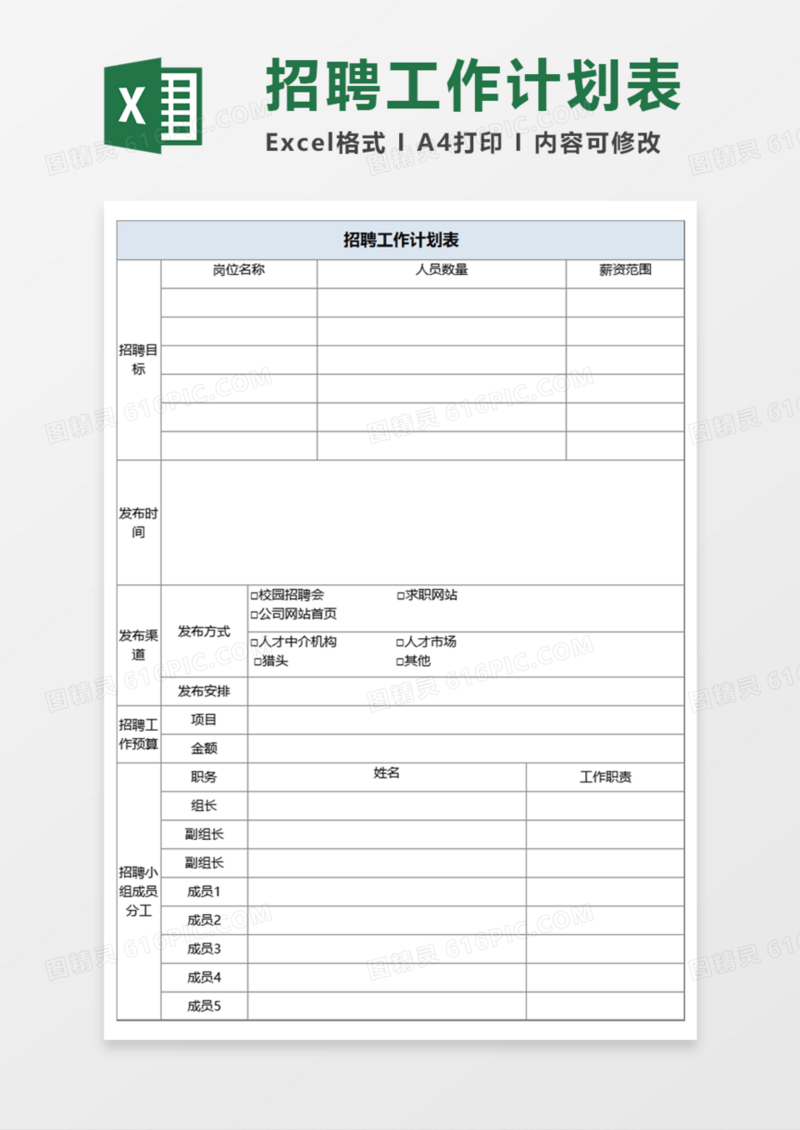 人事招聘工作计划表Execl模板