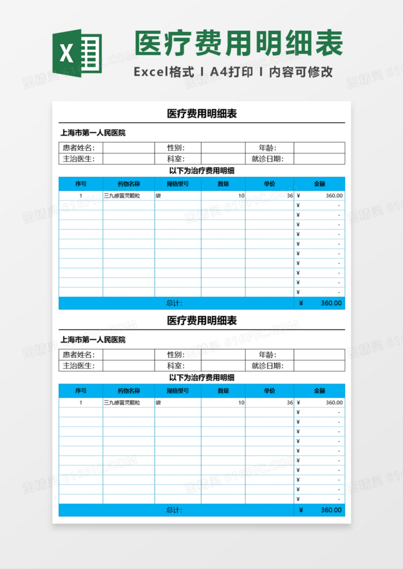 医疗费用明细表Execl模板
