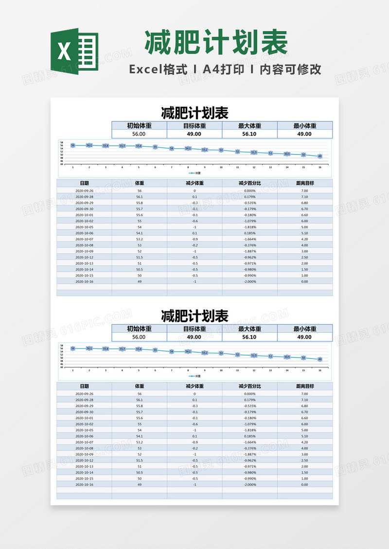 蓝色简约减肥计划表excel模版