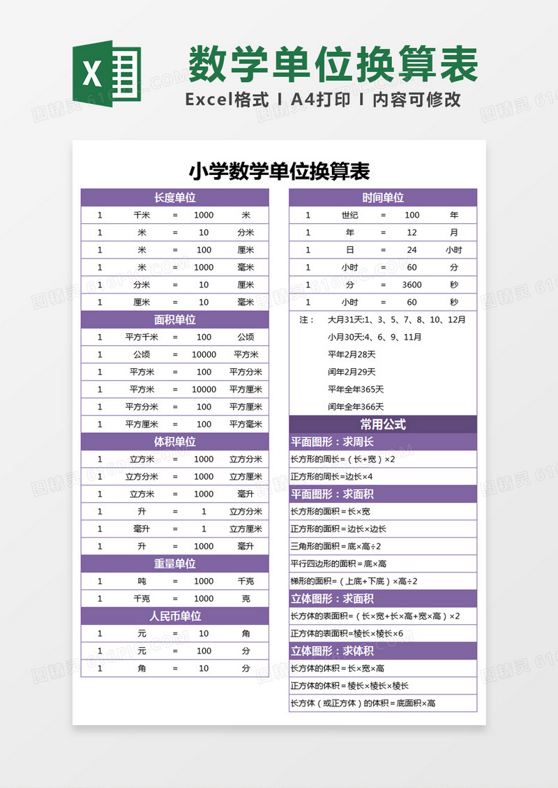 紫色简约小学数学单位换算表excel模版