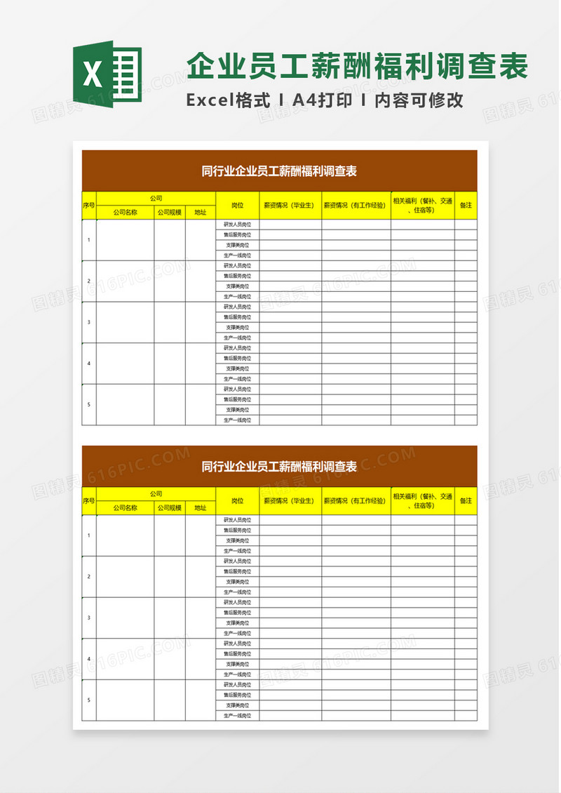 同行业企业员工薪酬福利调查表excel模板