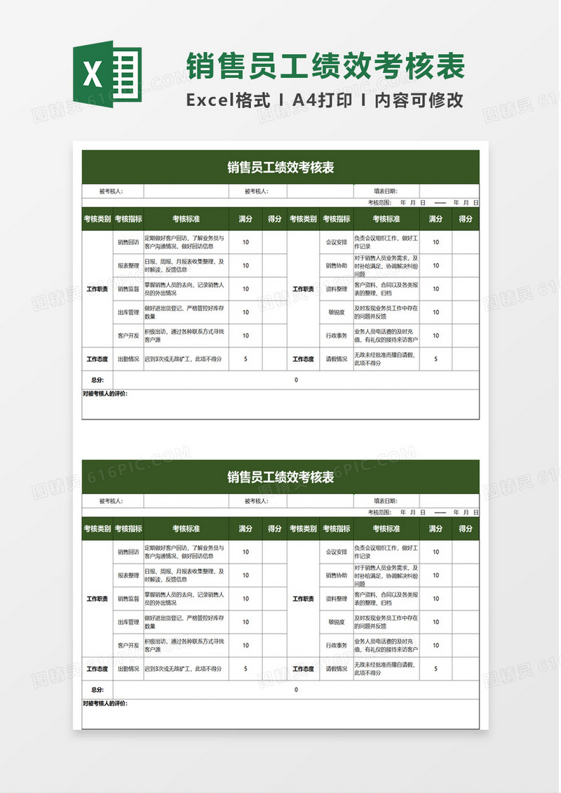 销售员工绩效考核表excel模板