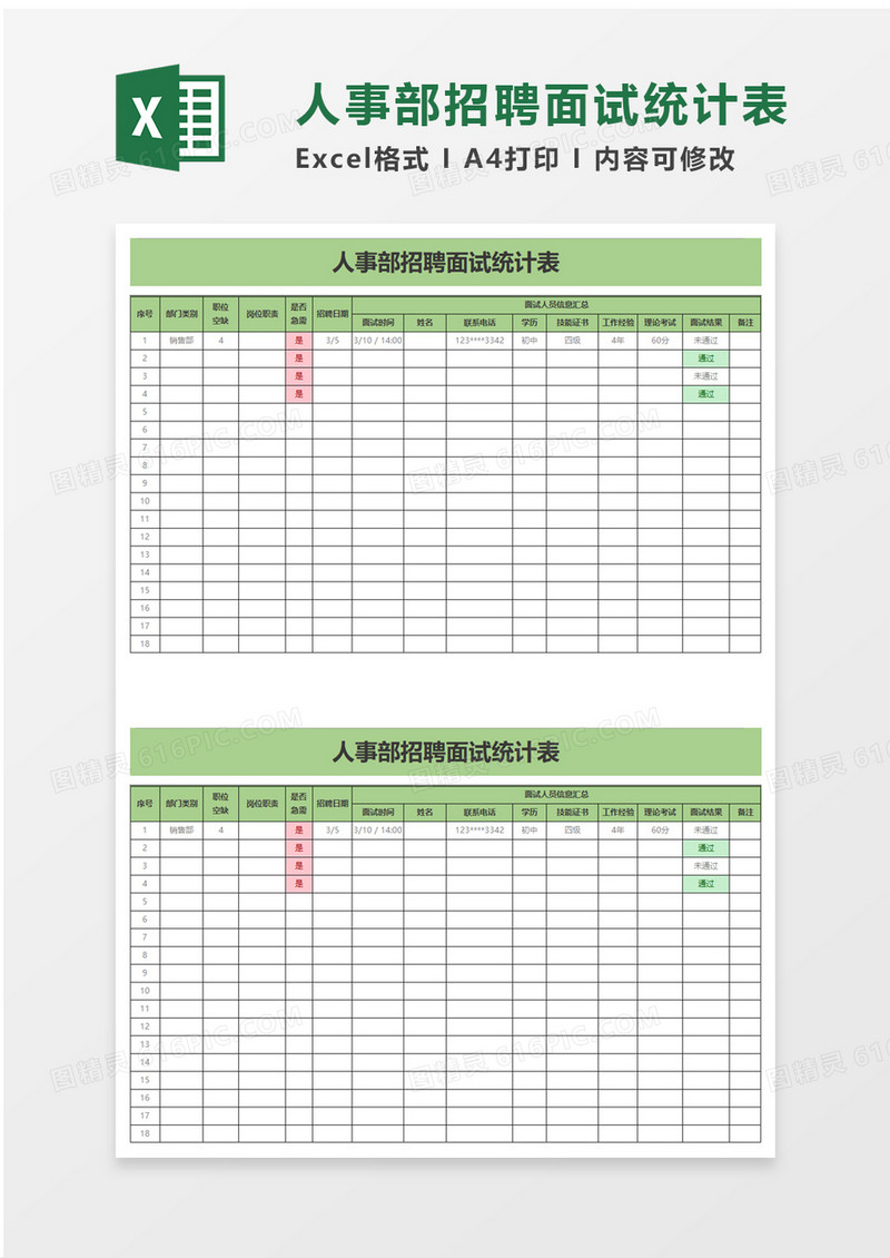 人事部招聘面试统计表excel模板