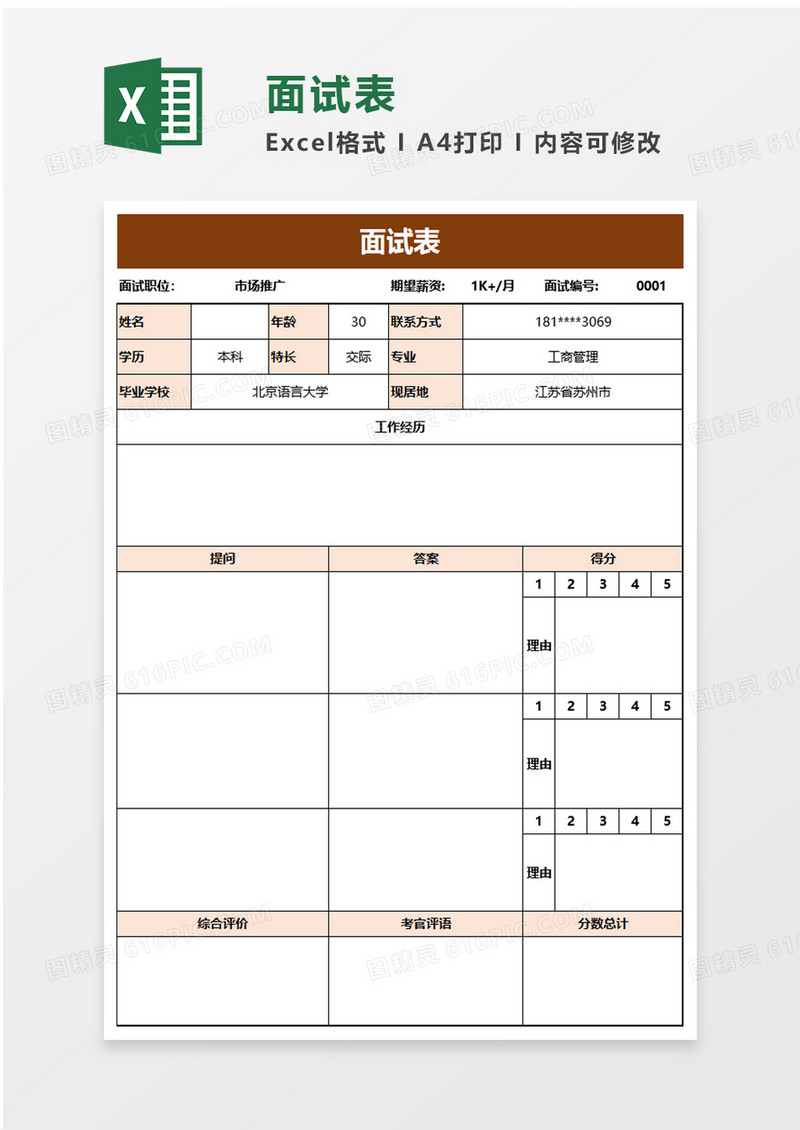 简洁简约面试表excel模板