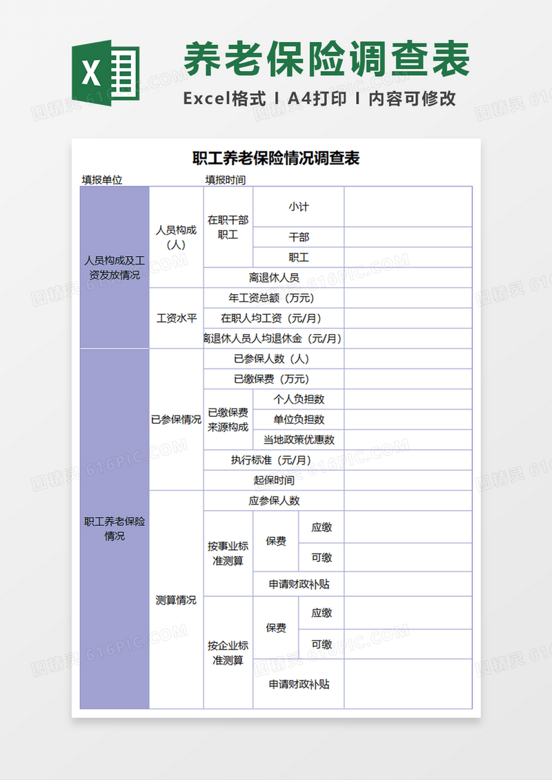 职工养老保险情况调查Execl模板