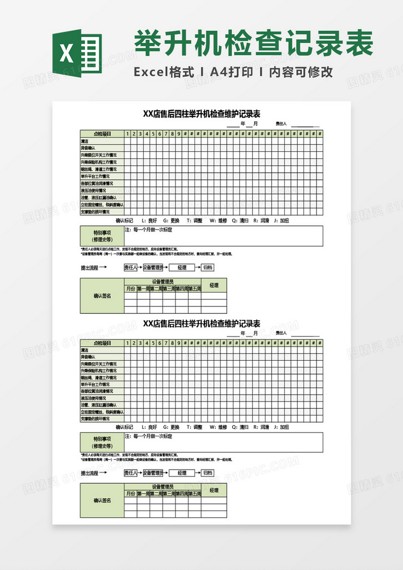 XX店售后四柱举升机检查维护记录表Excel模板