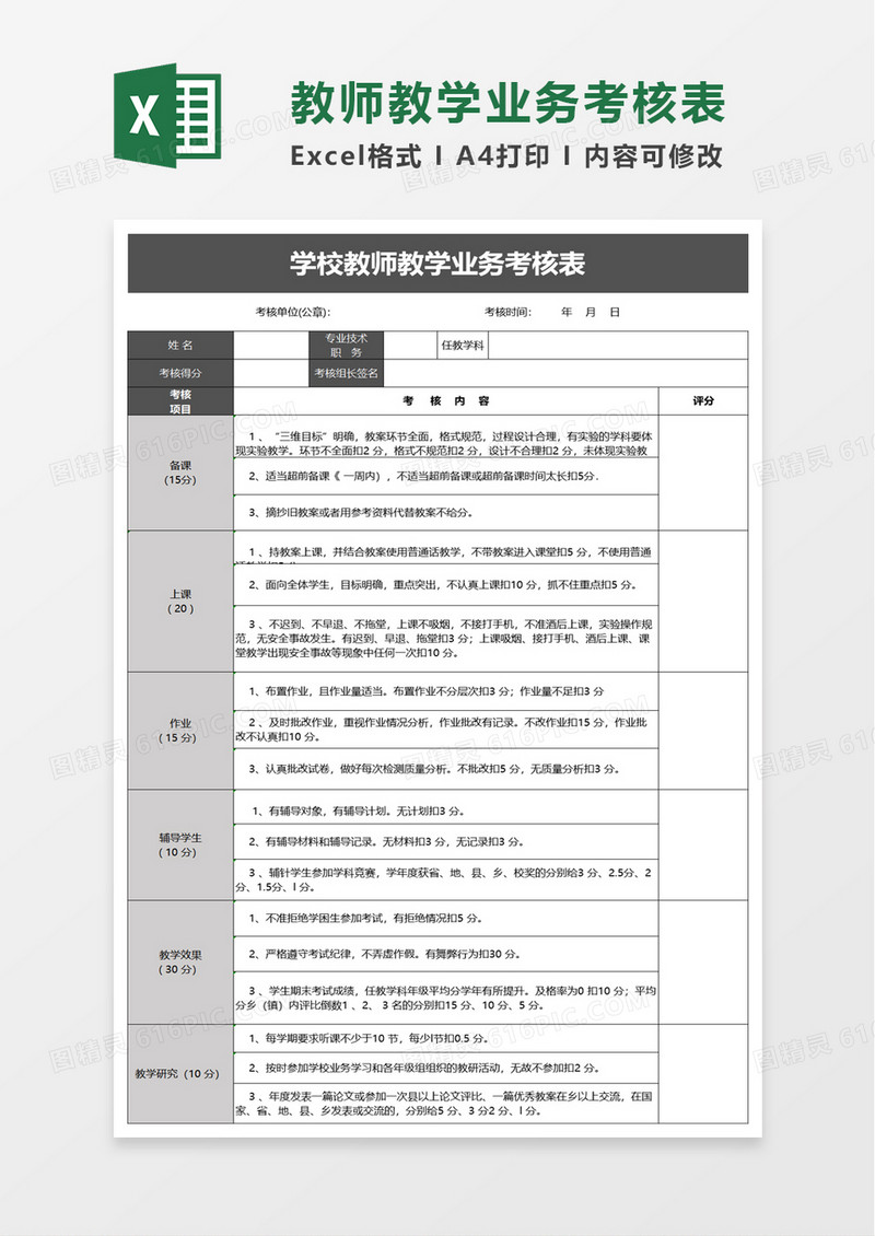 学校教师教学业务考核表excel模板