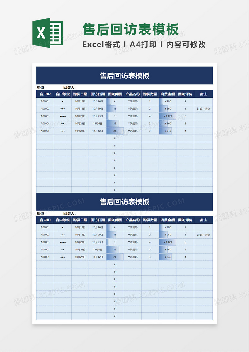 售后回访表模板excel模板