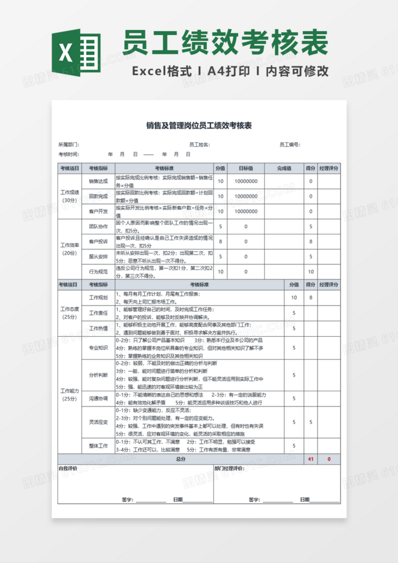 销售及管理岗位员工绩效考核表Excel模板