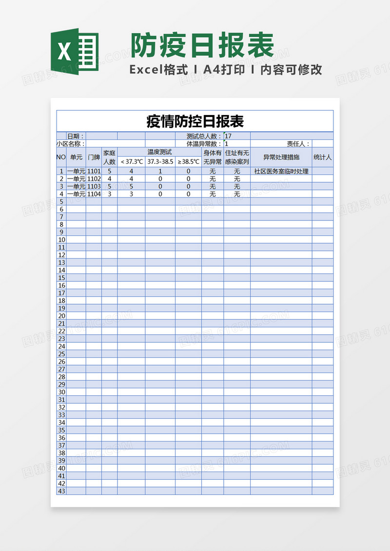 蓝色简约疫情防控日报表excel模版