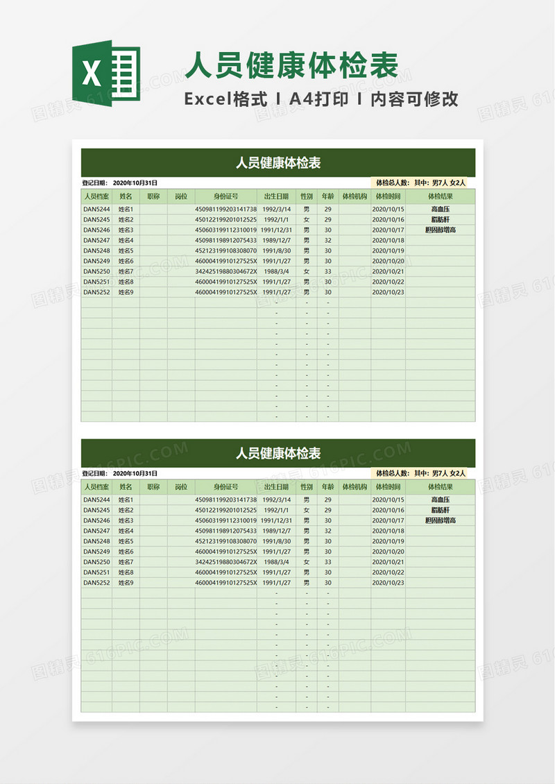 企业人员健康体检表excel模板