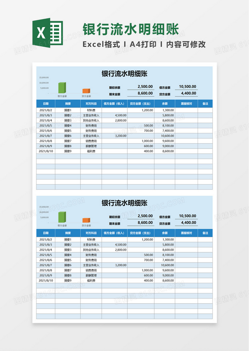 银行流水明细账excel模板