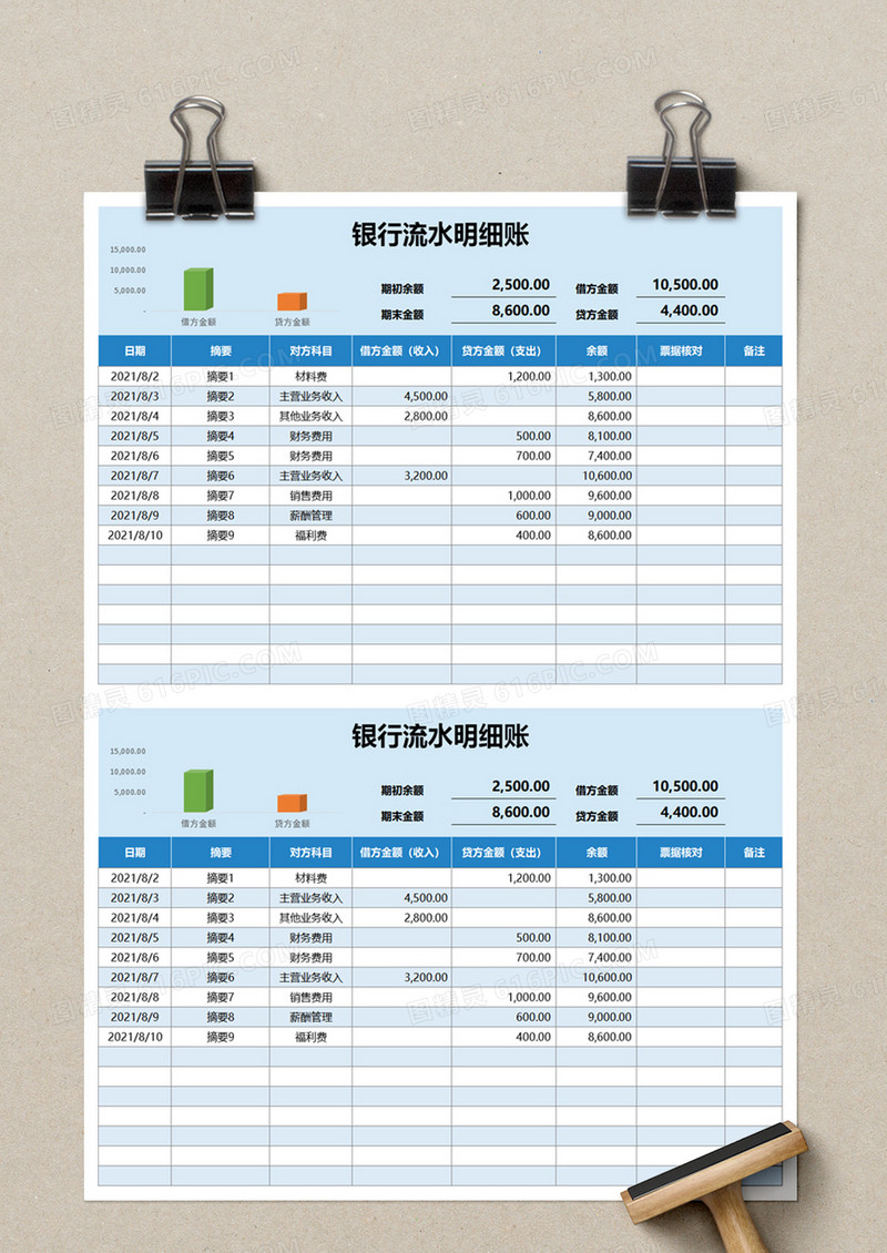 银行流水明细账excel模板