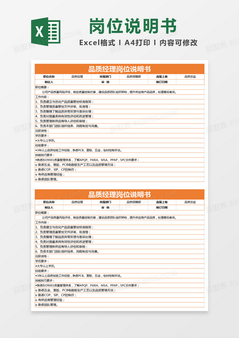 橙色简约品质经理岗位说明书excel模版