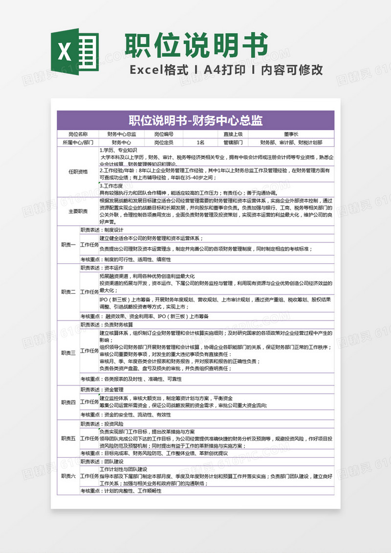 紫色简约职位说明书财务中心总监excel模版