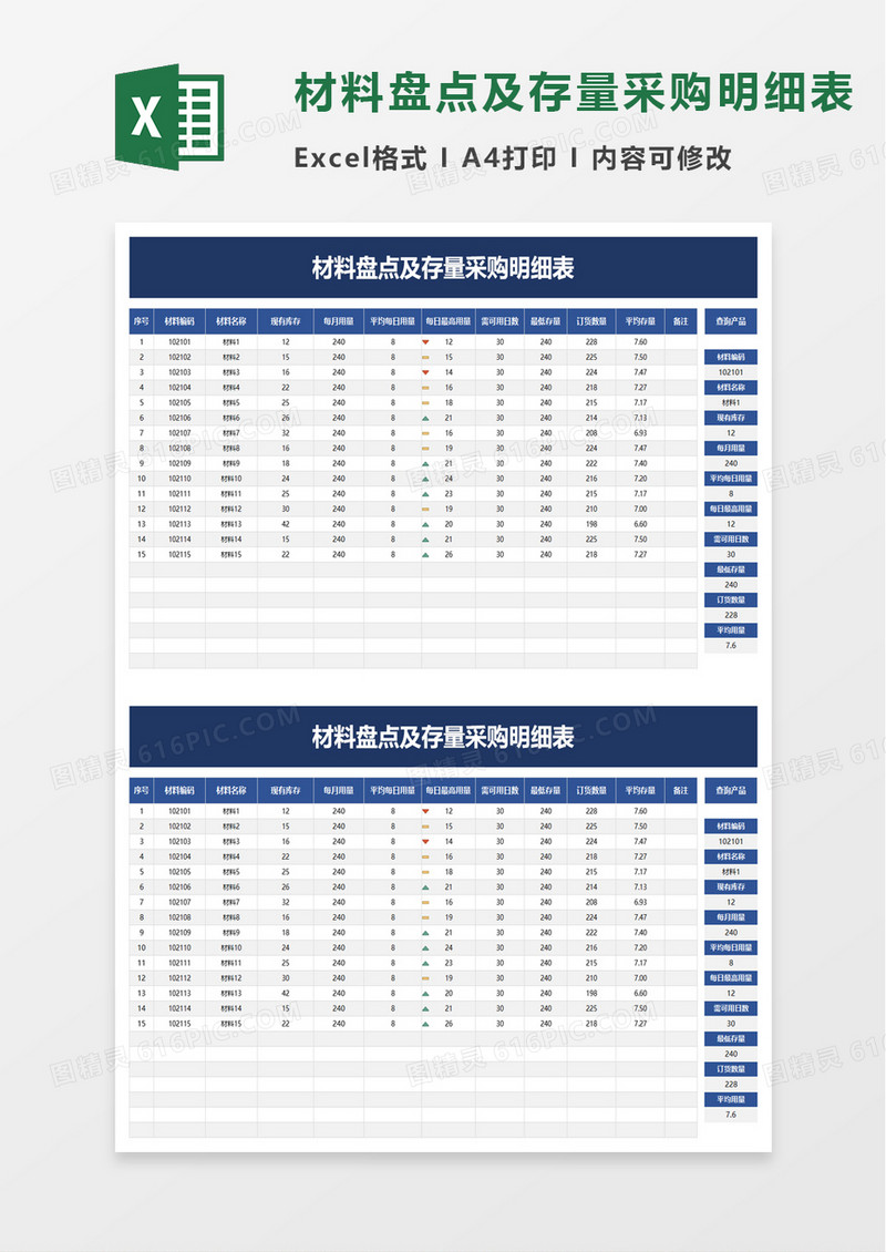 材料盘点及存量采购明细表excel模板