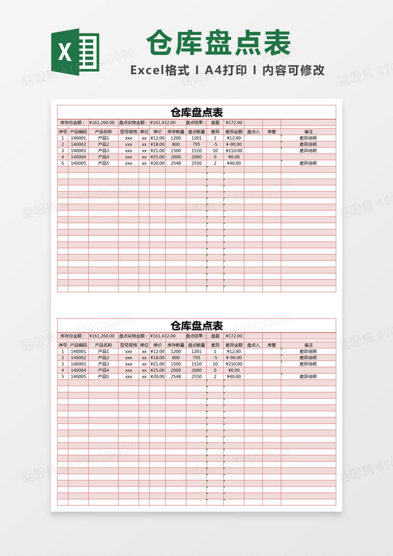 红色简约仓库盘点表excel模版