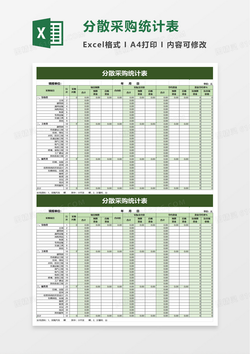 简洁分散采购统计表excel模板